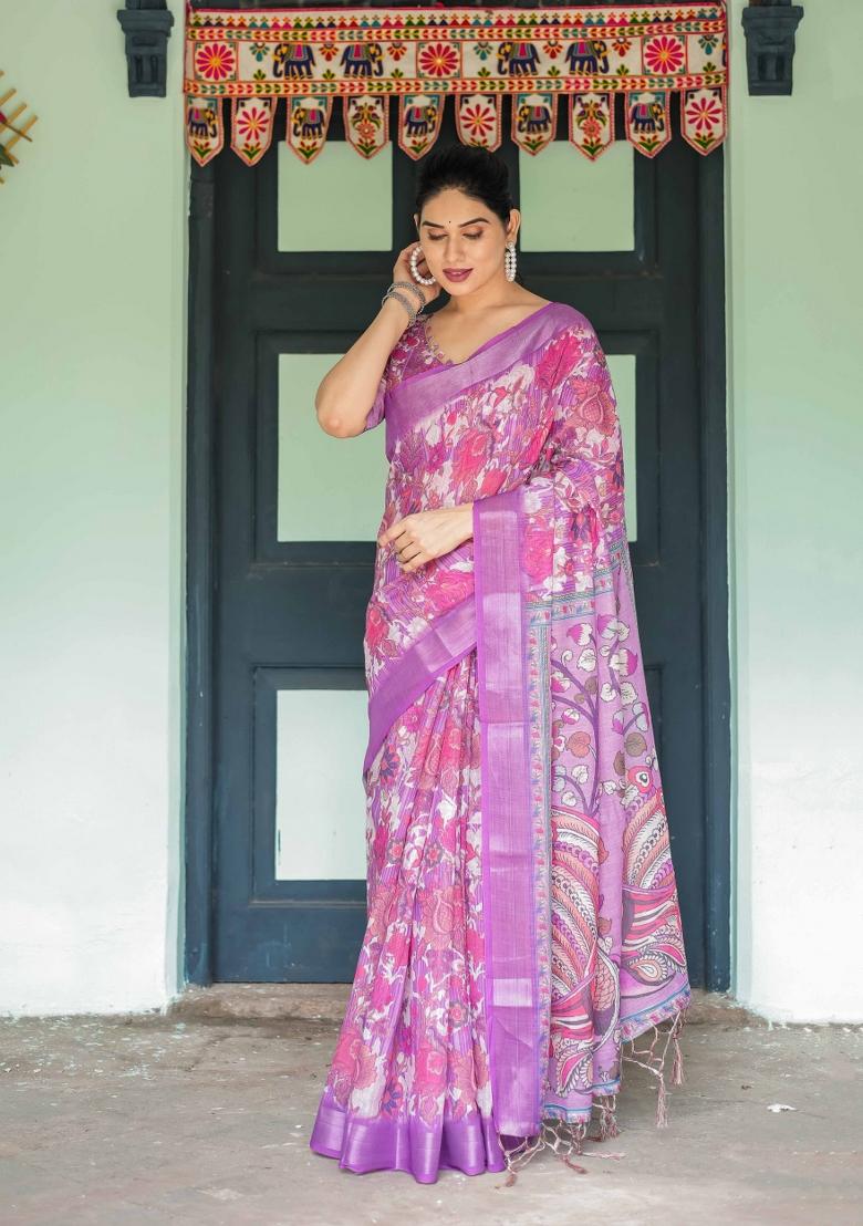 Pink Embroidery Linen Saree Set - Indya