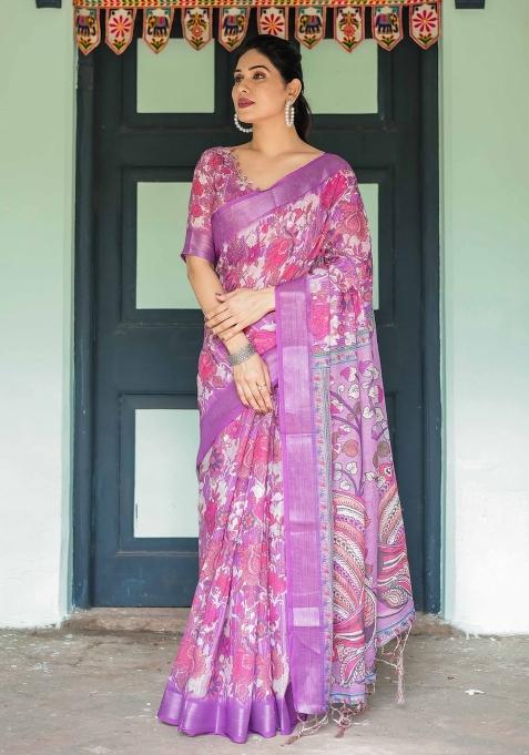 Pink Embroidery Linen Saree Set