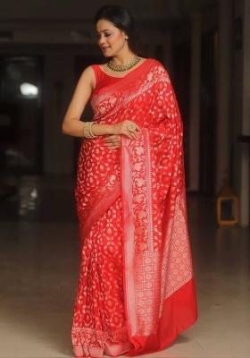 Red Embroidery Silk Saree Set