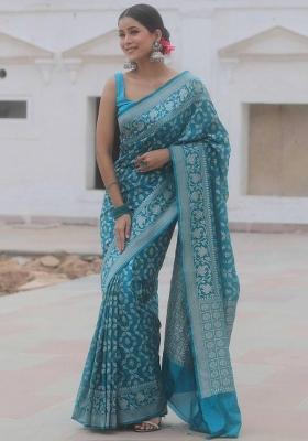 Light Blue Embroidery Silk Saree Set