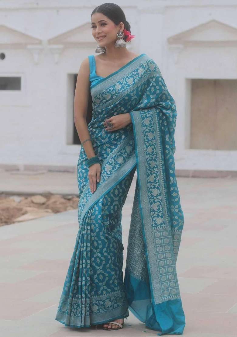 Light Blue Embroidery Silk Blend Saree Set for Diwali and Festive Wear - Indya