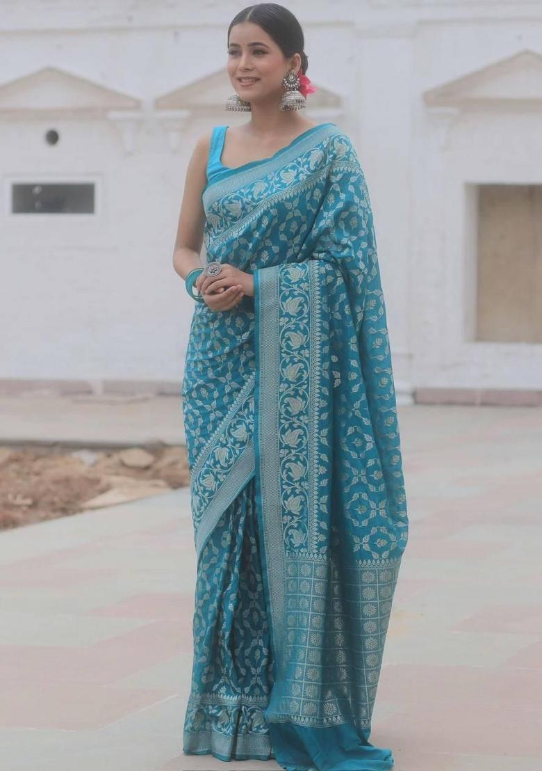 Light Blue Embroidery Silk Saree Set - Indya
