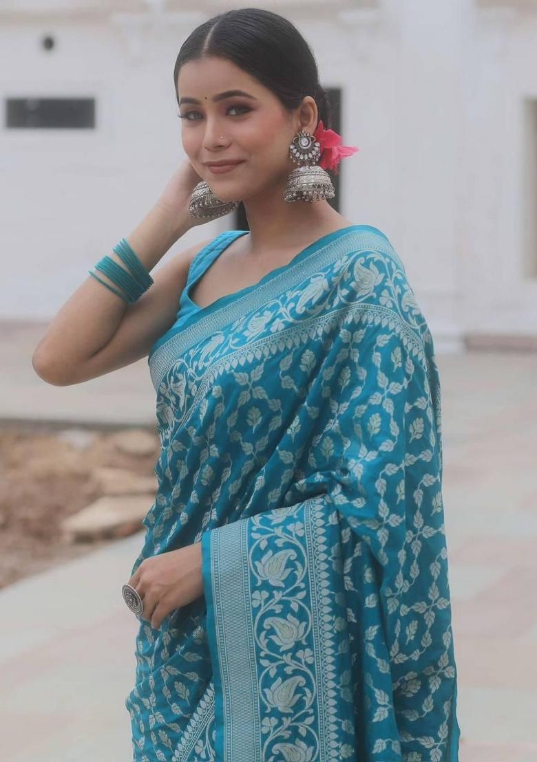 Light Blue Embroidery Silk Saree Set - Indya