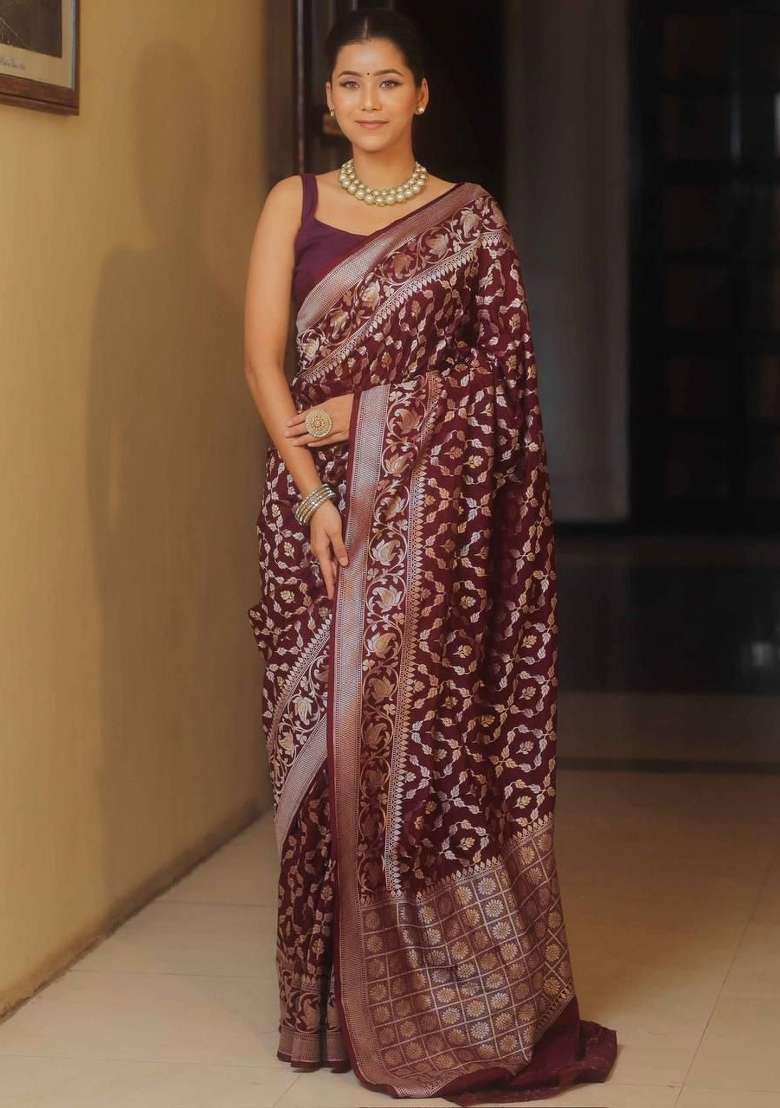 Maroon Embroidery Silk Blend Saree Set for Diwali and Festive Wear - Indya
