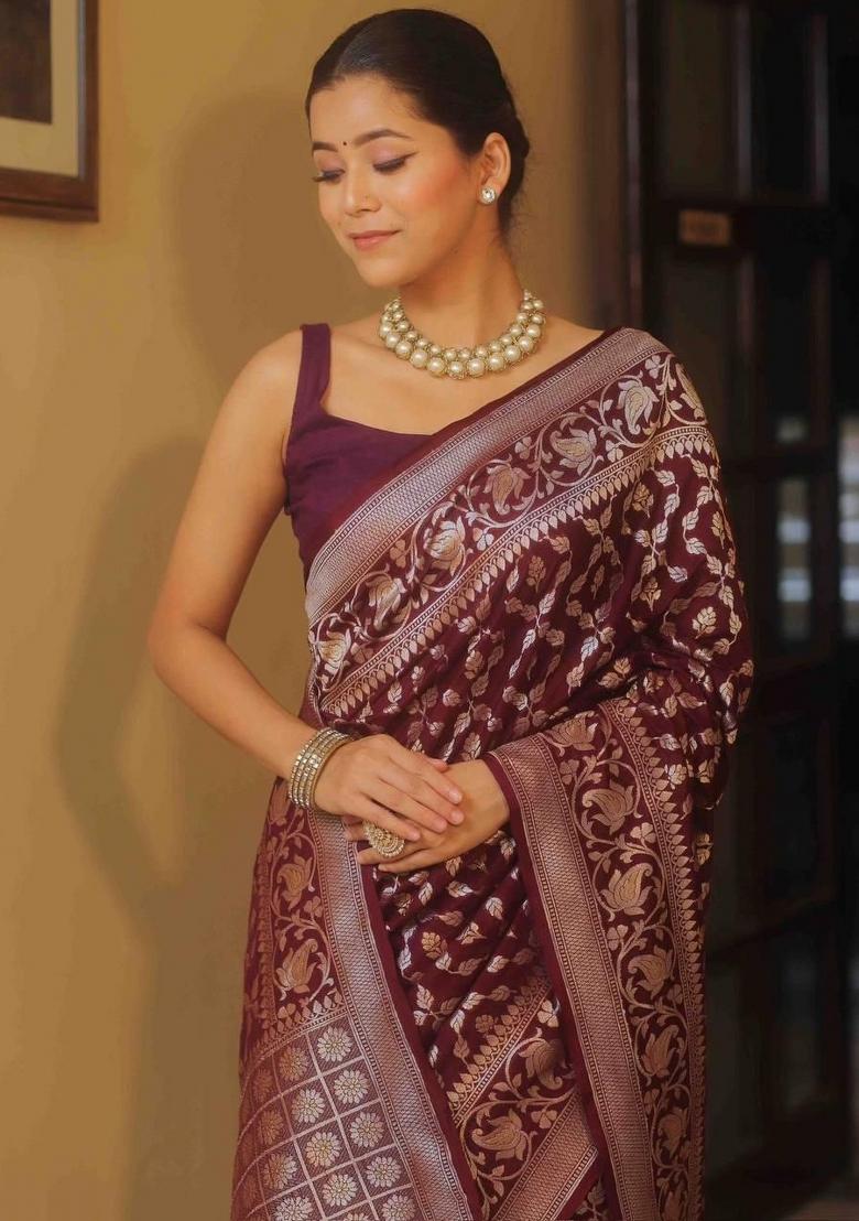 Maroon Embroidery Silk Saree Set - Indya