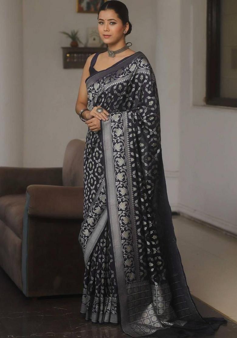 Black Embroidery Silk Saree Set - Indya