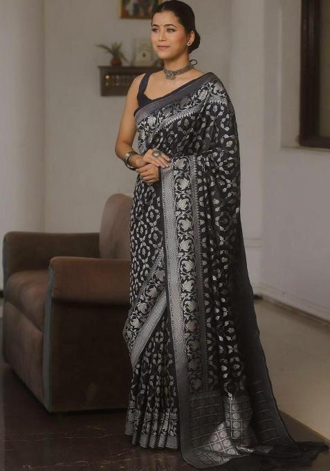 Black Embroidery Silk Saree Set