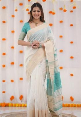 Off White Embroidery Linen Saree Set
