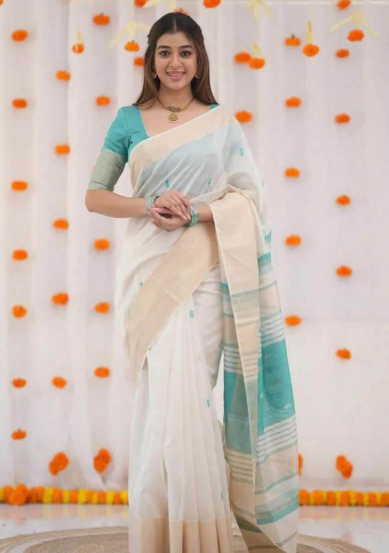 Off White Embroidery Linen Saree Set for Diwali and Festive Wear - Indya