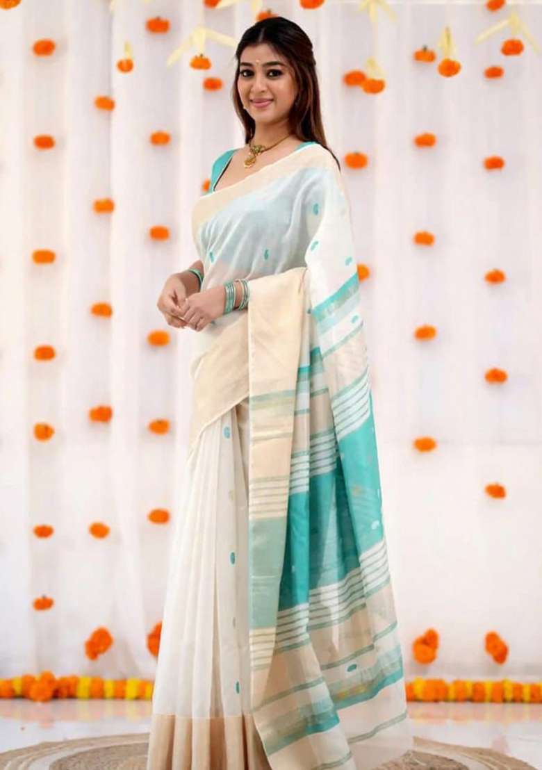 Off White Embroidery Linen Saree Set for Diwali and Festive Wear - Indya