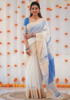 Off White Embroidery Linen Saree Set