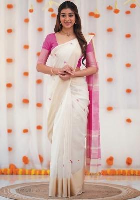 Off White Embroidery Linen Saree Set