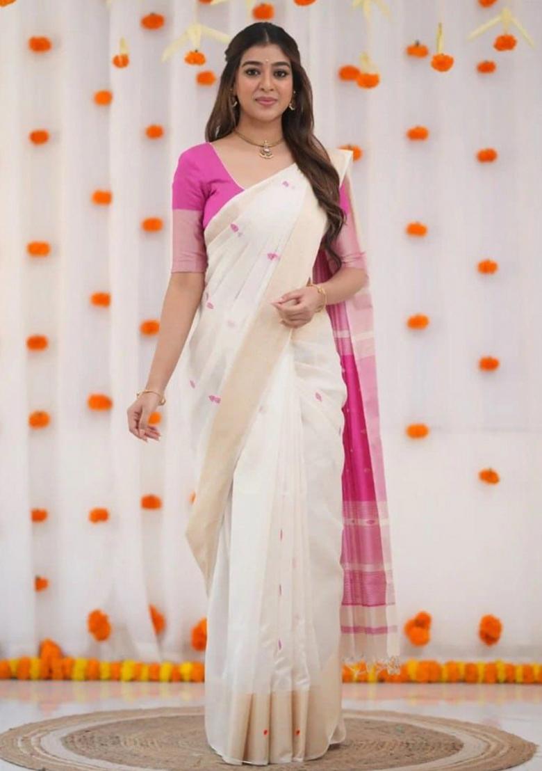 Off White Embroidery Linen Saree Set - Indya