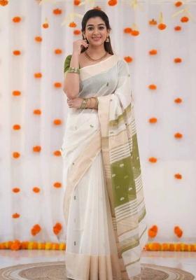 Off White Embroidery Linen Saree Set