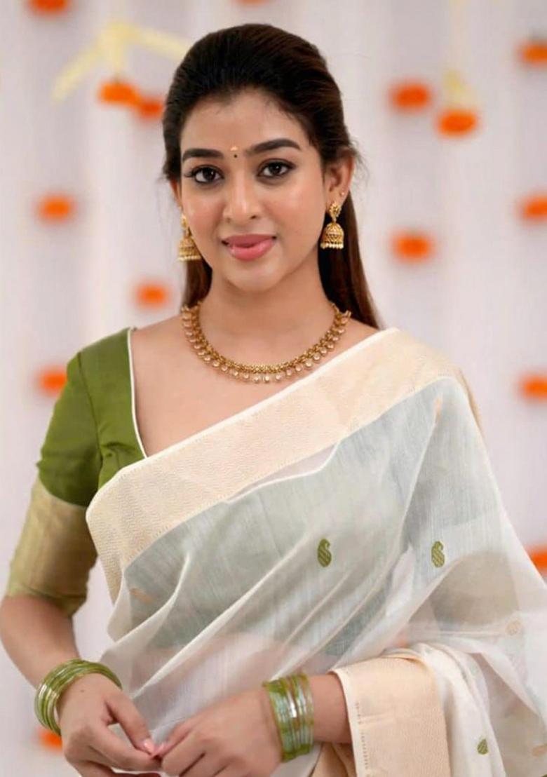 Off White Embroidery Linen Saree Set - Indya