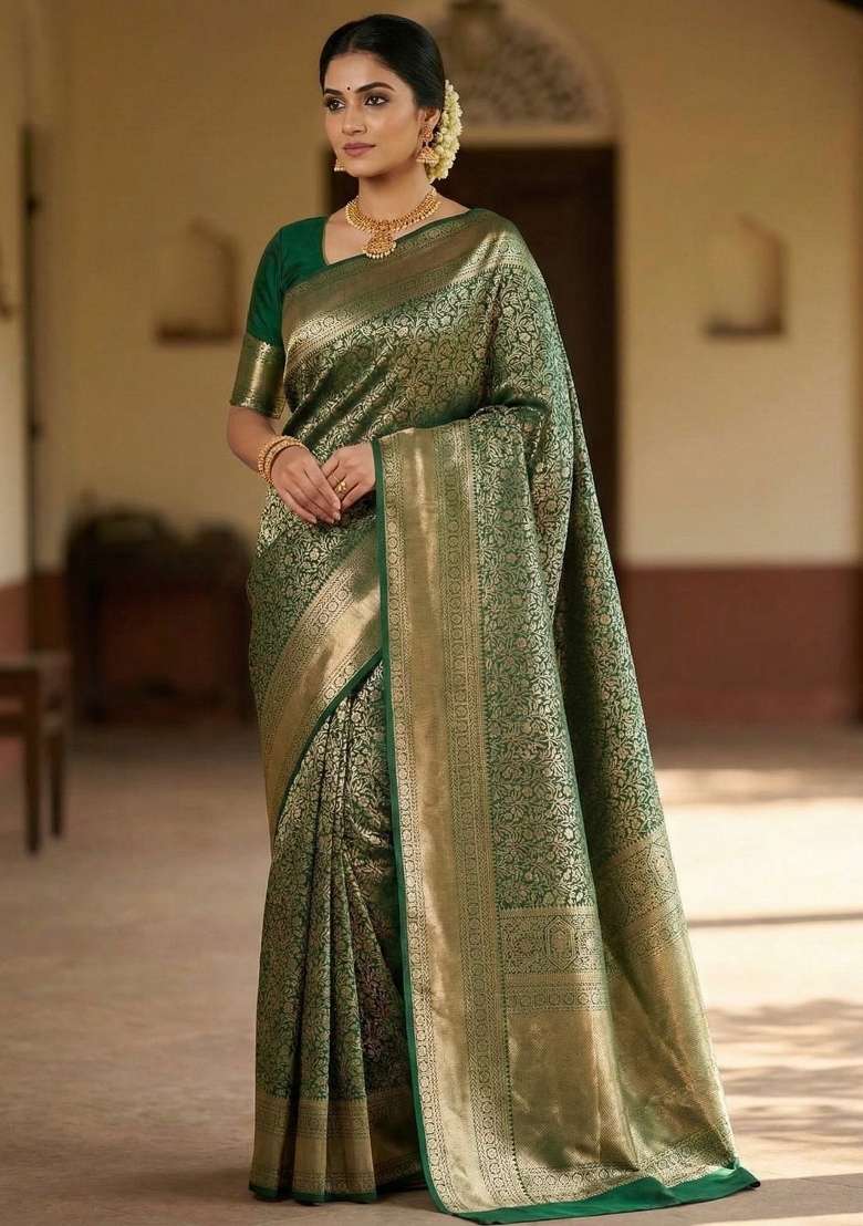 Green Embroidery Silk Blend Saree Set for Diwali and Festive Wear - Indya
