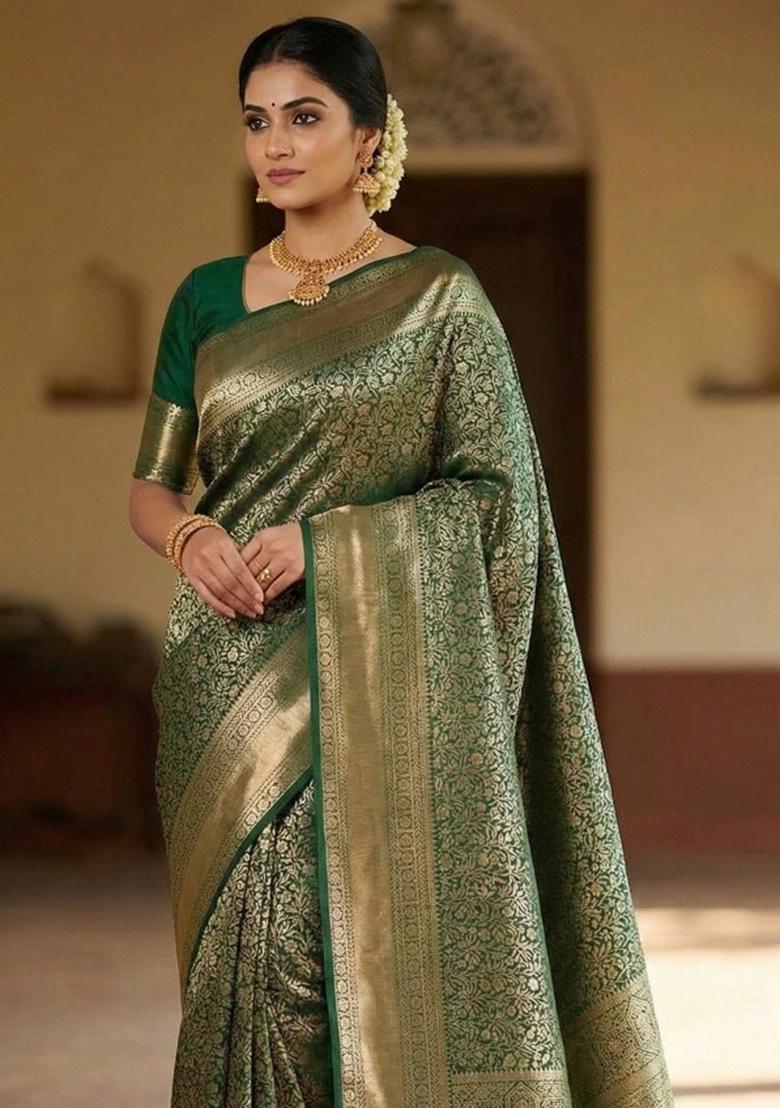 Green Embroidery Silk Saree Set - Indya