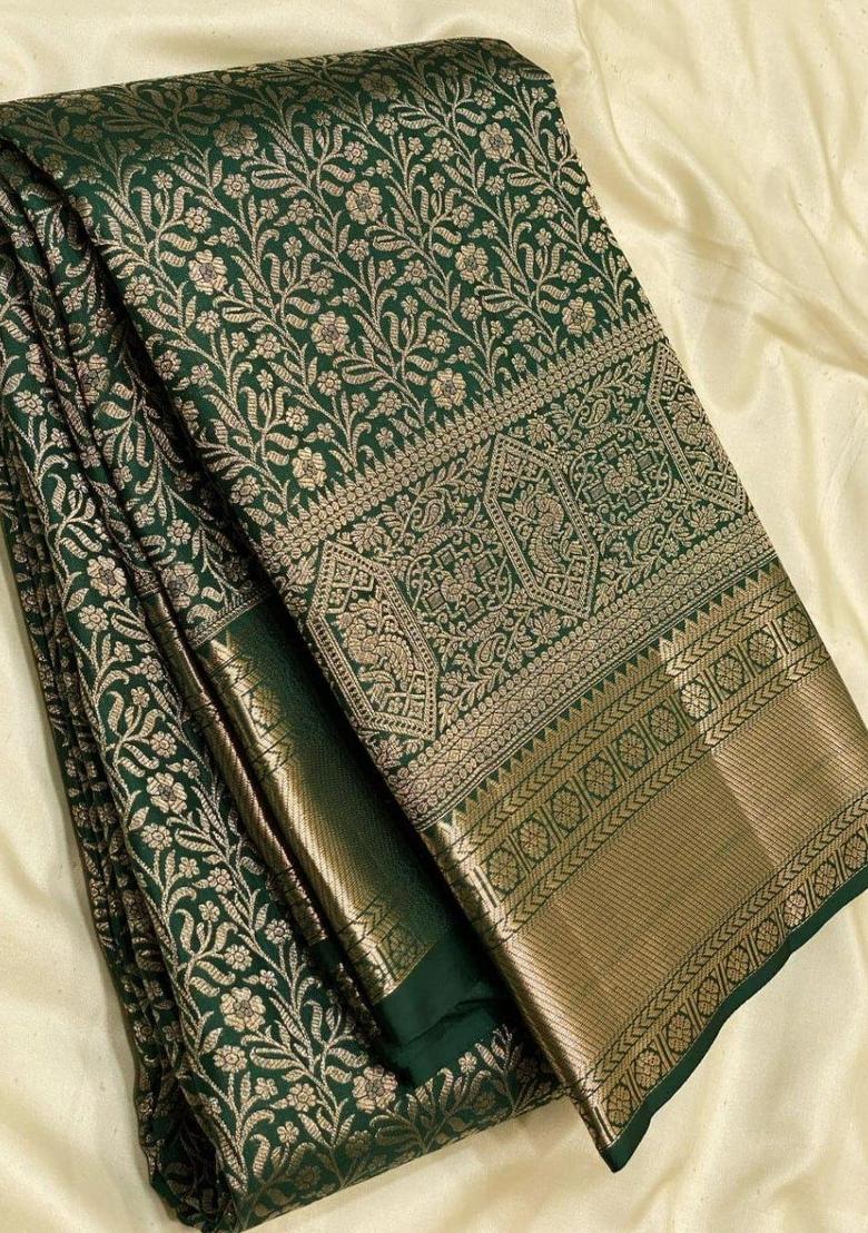 Green Embroidery Silk Saree Set - Indya