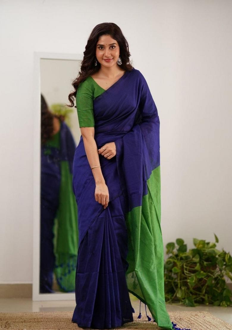 Blue Embroidery Linen Saree Set - Indya