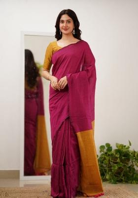 Pink Embroidery Linen Saree Set