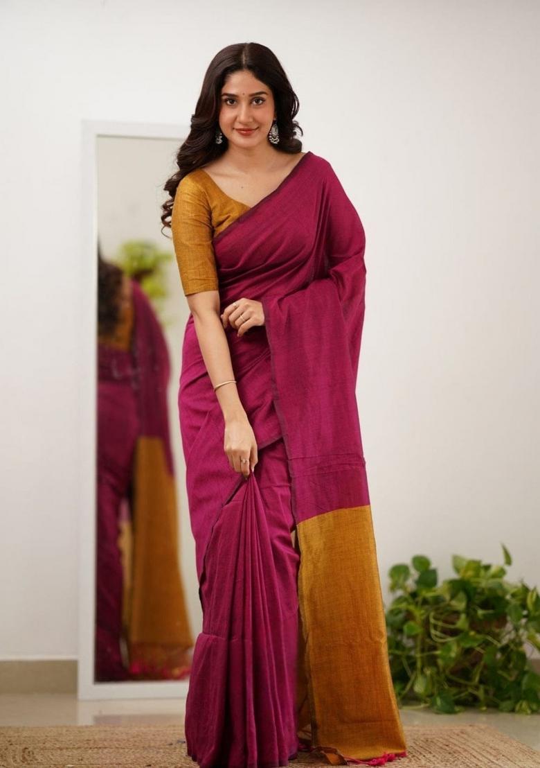 Pink Embroidery Linen Saree Set - Indya