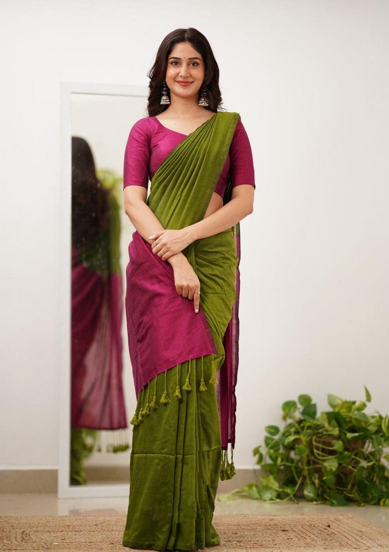 Green Embroidery Linen Saree Set - Indya