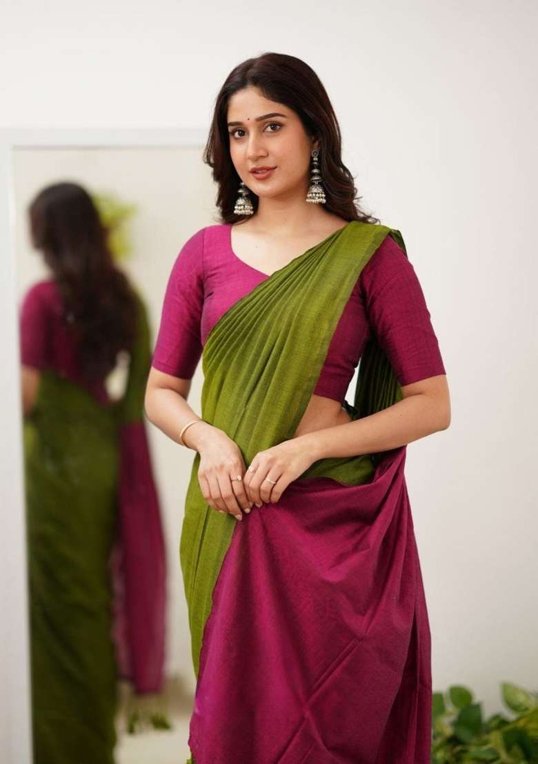 Green Linen Saree Set with Embroidery for Diwali | Wedding & Festive Wear - Indya