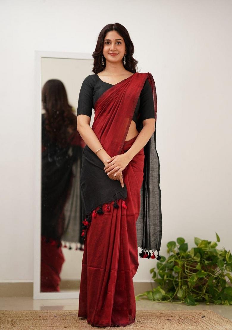 Red Embroidery Linen Saree Set - Indya