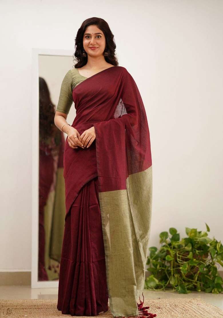 Maroon Embroidery Linen Saree Set for Diwali and Festive Wear - Indya