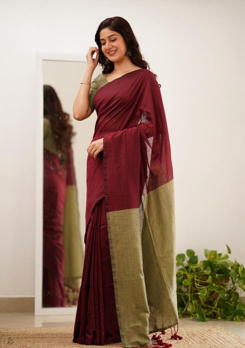 Maroon Embroidery Linen Saree Set - Indya