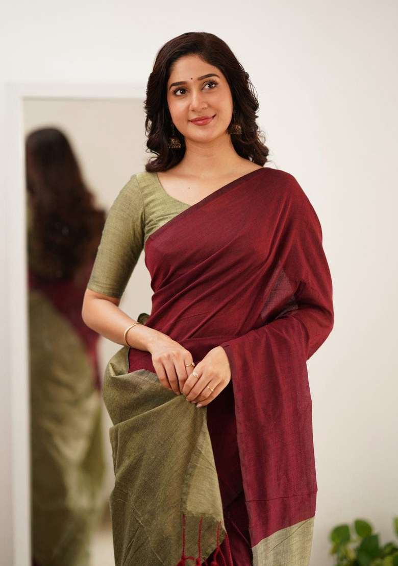 Maroon Embroidery Linen Saree Set for Diwali and Festive Wear - Indya
