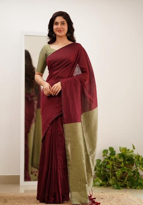 Maroon Embroidery Linen Saree Set