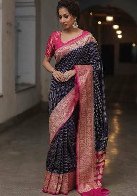 Navy Blue Embroidery Silk Saree Set