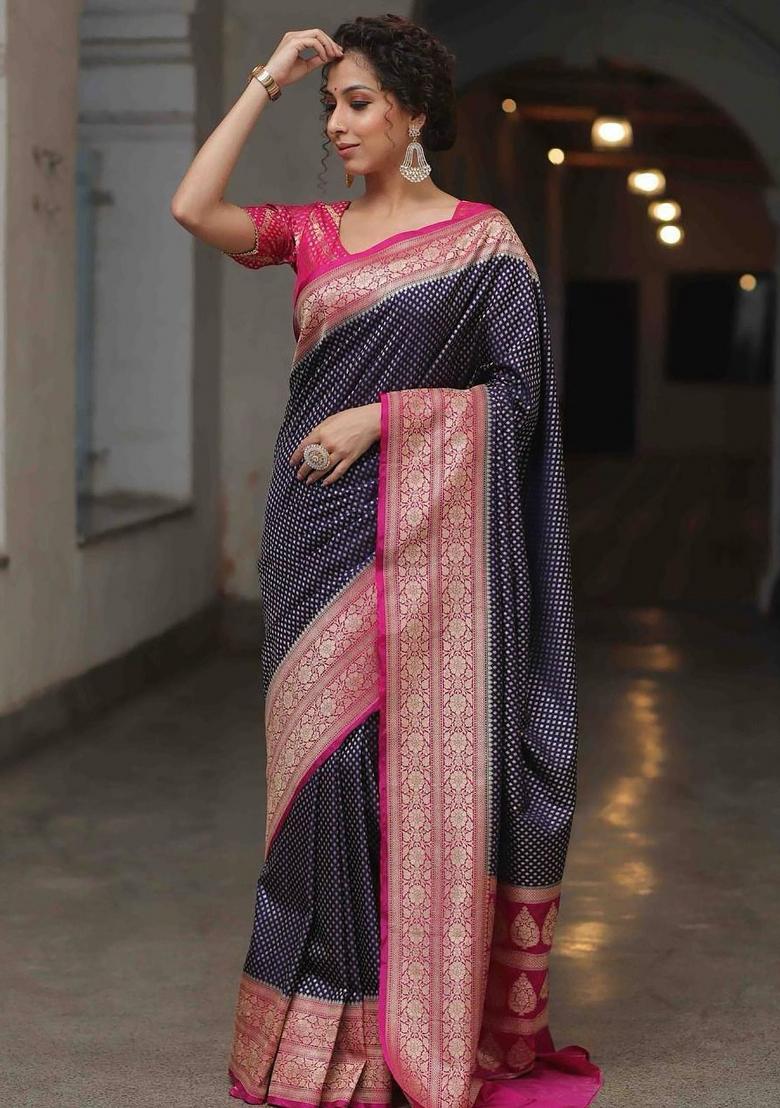 Navy Blue Embroidery Silk Saree Set - Indya