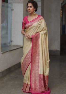 Cream Embroidery Silk Saree Set