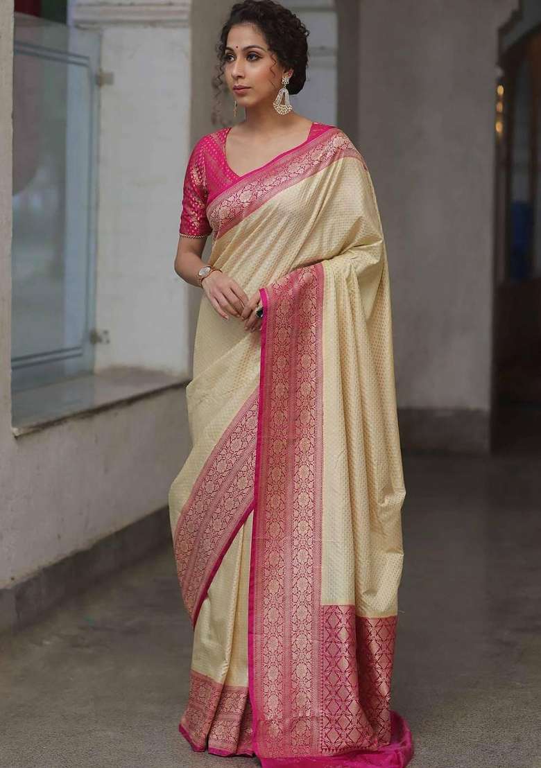 Cream Embroidery Silk Blend Saree Set for Diwali and Festive Wear - Indya