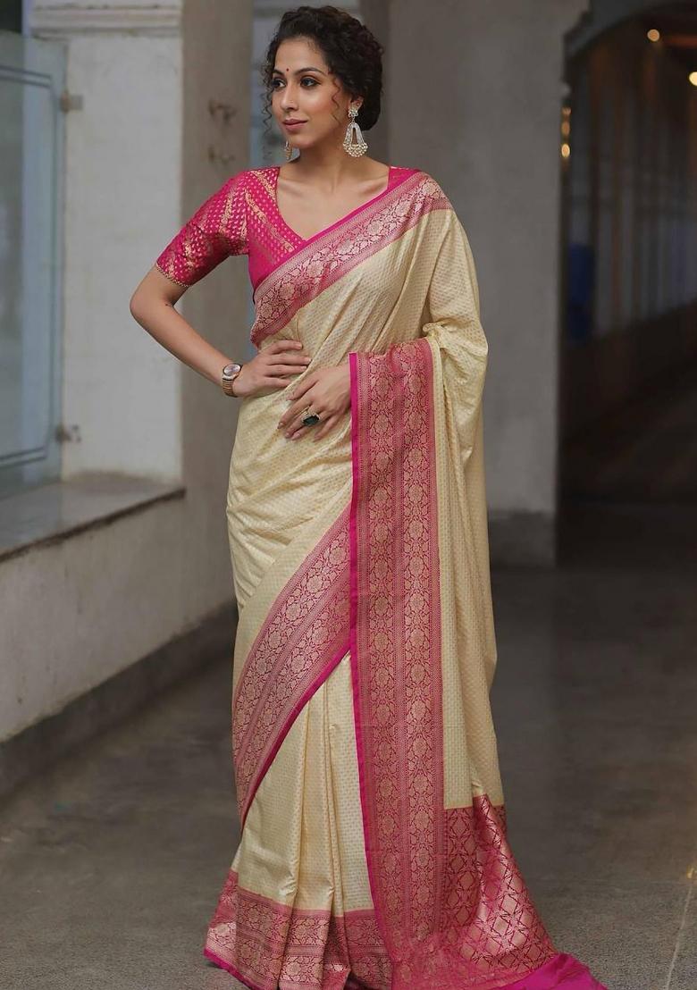 Cream Embroidery Silk Saree Set - Indya