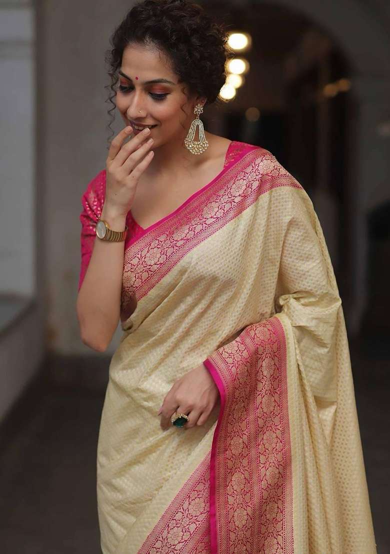 Cream Embroidery Silk Blend Saree Set for Diwali and Festive Wear - Indya
