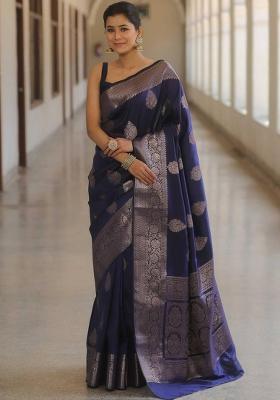 Navy Blue Embroidery Silk Saree Set