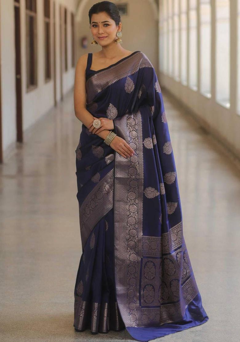 Navy Blue Embroidery Silk Saree Set - Indya