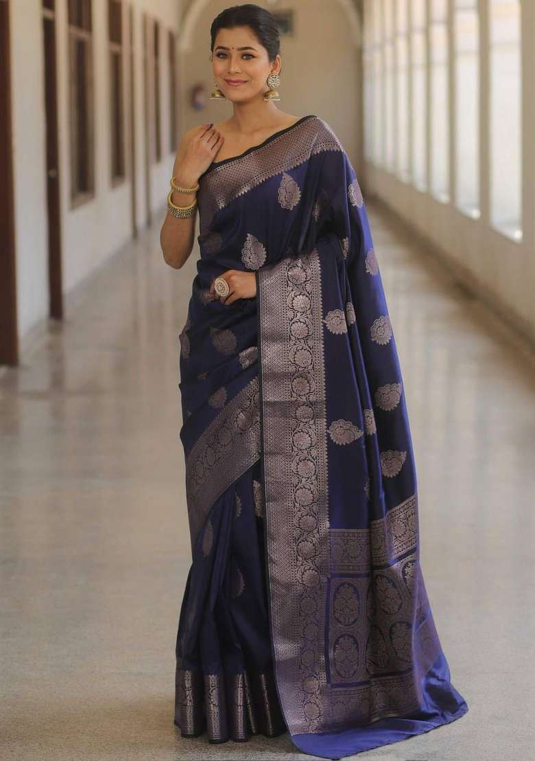 Navy Blue Embroidery Silk Blend Saree Set for Diwali and Festive Wear - Indya