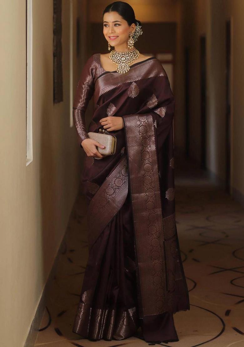 Wine Embroidery Silk Saree Set - Indya