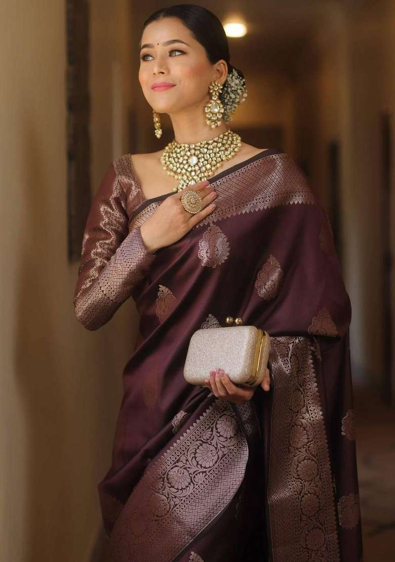 Wine Silk Blend Saree Set with Embroidery for Diwali | Wedding & Festive Wear - Indya
