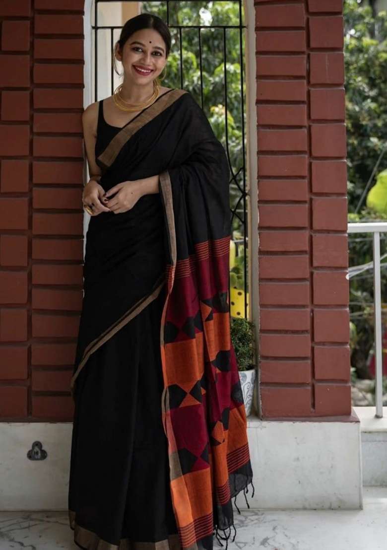 Black Linen Saree Set with Embroidery for Diwali | Wedding & Festive Wear - Indya