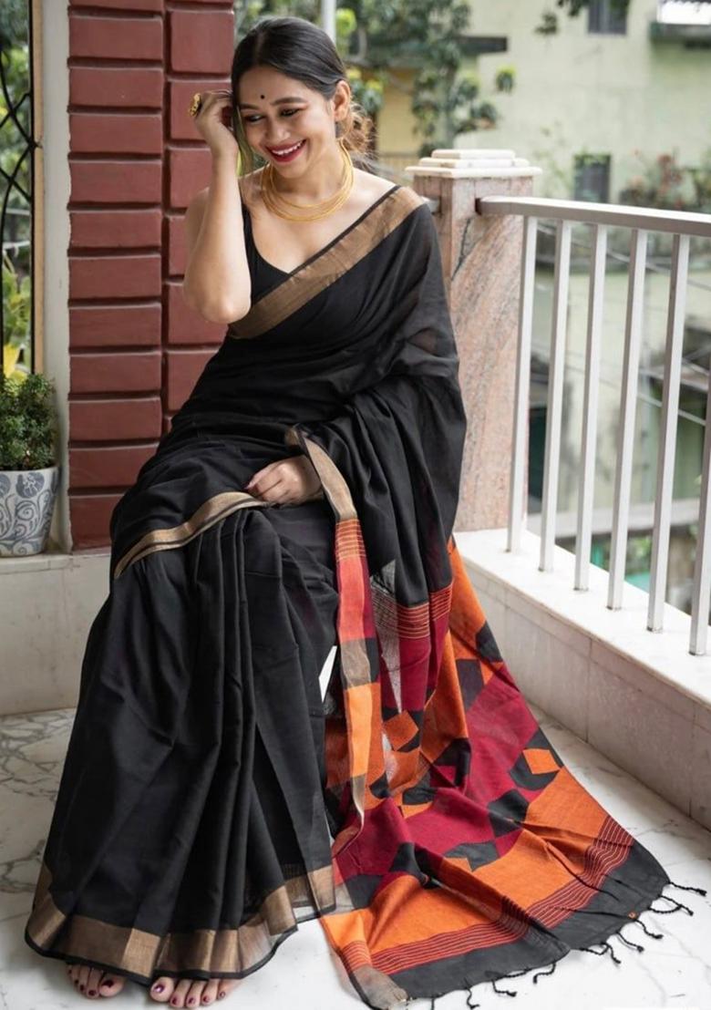 Black Embroidery Linen Saree Set - Indya