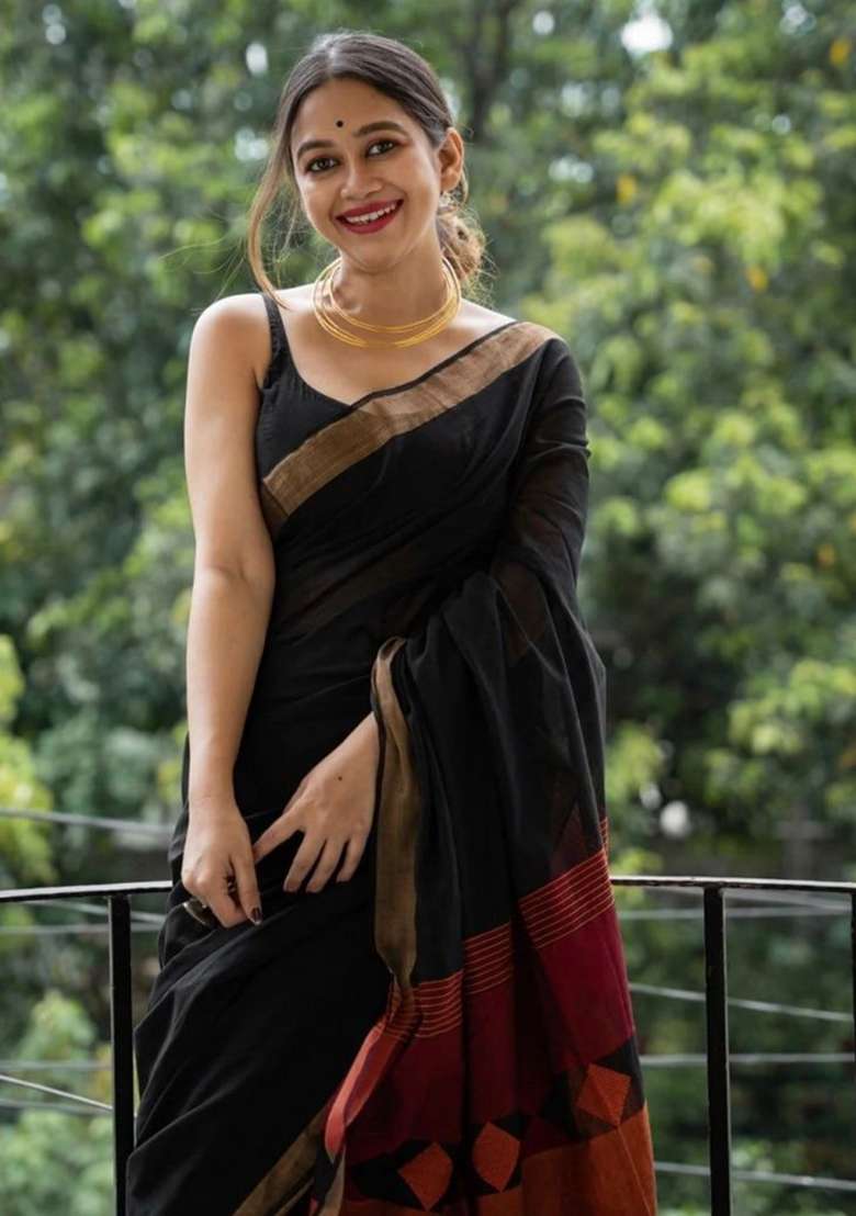 Black Linen Saree Set with Embroidery for Diwali | Wedding & Festive Wear - Indya
