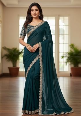 Teal Blue Embroidery Silk Saree Set