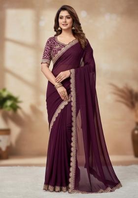 Wine Embroidery Silk Saree Set