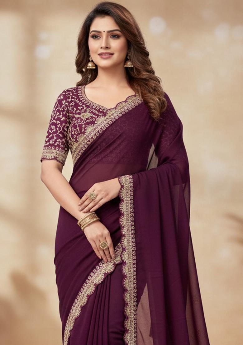Wine Embroidery Silk Saree Set - Indya