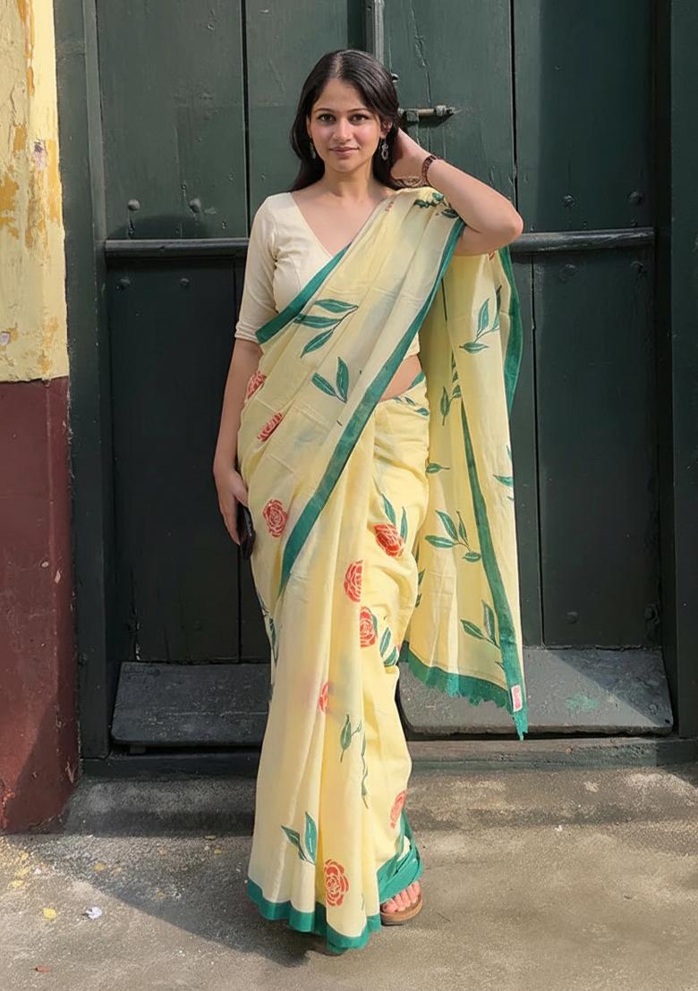 Yellow Embroidery Linen Saree Set - Indya